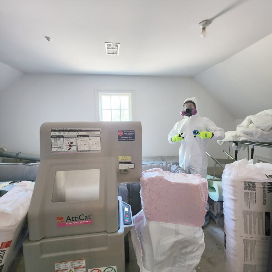 A technician in a coverall and respirator beside an insulation machine in a cleared attic room.